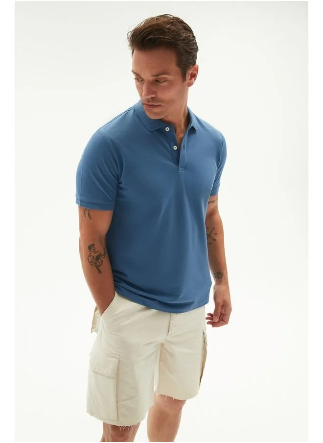 جون June Men 100% Cotton Basic Relaxed Fit Polo Neck Tshirt Light Indigo