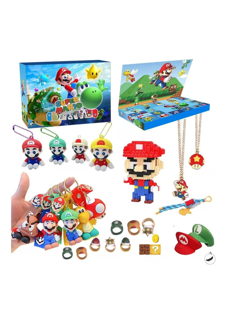 CityRiya-Long Christmas blind box hole music, including keychain, Mario cartoon character building blocks, hat, necklace and party toy decoration accessories, Christmas countdown calendar gift, suitable for boys, girls and children (Mario)  - Image 2