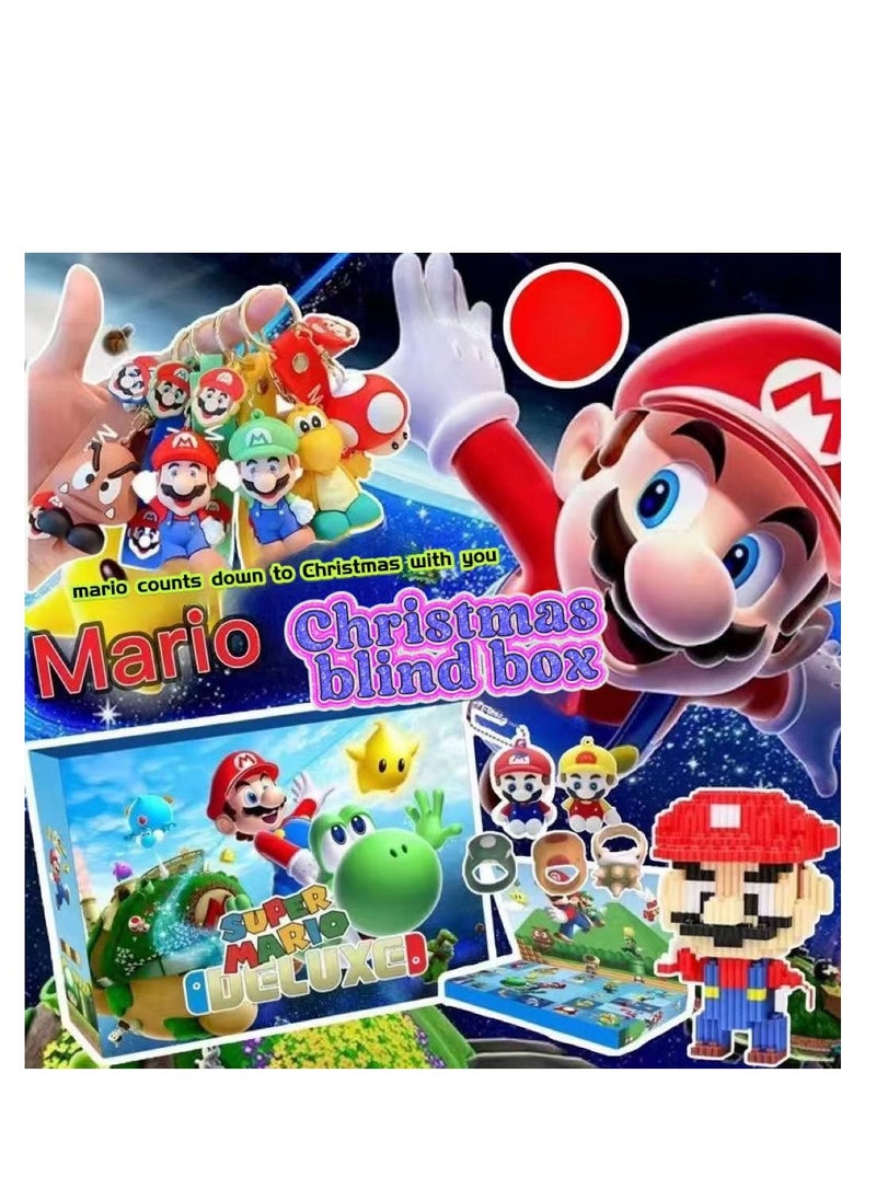 CityRiya-Long Christmas blind box hole music, including keychain, Mario cartoon character building blocks, hat, necklace and party toy decoration accessories, Christmas countdown calendar gift, suitable for boys, girls and children (Mario)  - Image 1