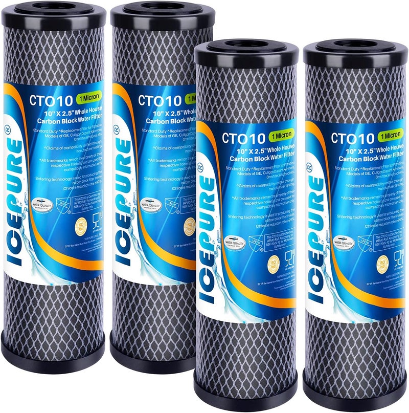 ICEPURE 1 Micron 2.5" x 10" Whole House CTO Carbon Sediment Water Filter Cartridge Compatible with DuPont WFPFC8002, WFPFC9001, SCWH-5, WHCF-WHWC, WHCF-WHWC, FXWTC, CBC-10, RO Unit, Pack of 4 - Image 1
