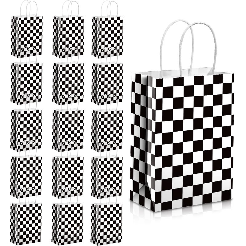 Epakh 16 Pcs Checkered Racing Treat Bags Race Car Party Favors with Handles Black and White Checkered Flag Candy Goodie Gift Bags for Themed Birthday Party Supplies