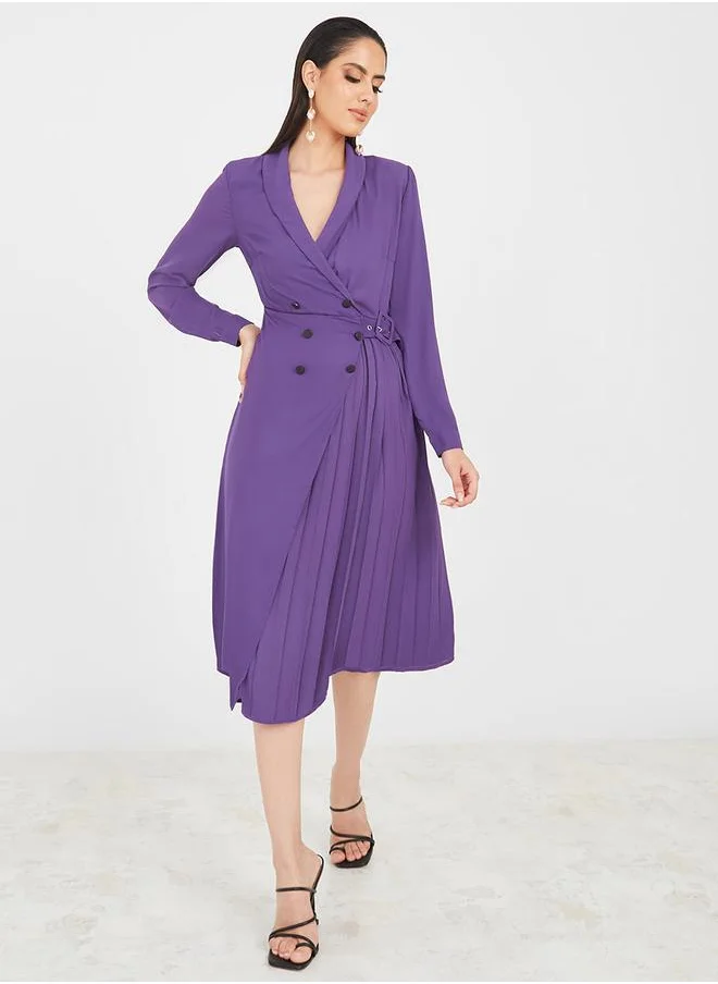 Styli Pleated Assymetric Wrap Blazer Midi Dress