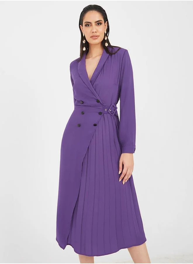 Styli Pleated Assymetric Wrap Blazer Midi Dress