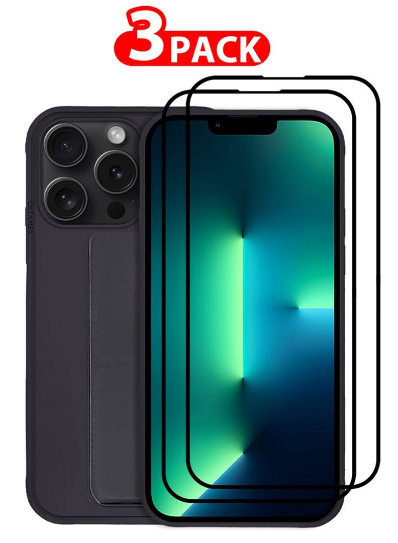 CATANES 3 Packs For iPhone 15 Pro Case and 2 Screen Protectors Premium PU Leather Case with Stand Function Shockproof and Anti Scratch Finger Grip Case Cover Purple - Image 1