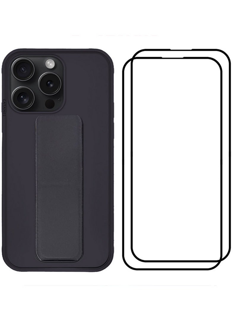 CATANES 3 Packs For iPhone 15 Pro Case and 2 Screen Protectors Premium PU Leather Case with Stand Function Shockproof and Anti Scratch Finger Grip Case Cover Purple - Image 2