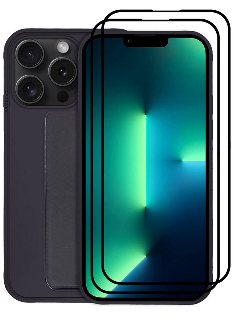 CATANES 3 Packs For iPhone 15 Pro Case and 2 Screen Protectors Premium PU Leather Case with Stand Function Shockproof and Anti Scratch Finger Grip Case Cover Purple - Image 3