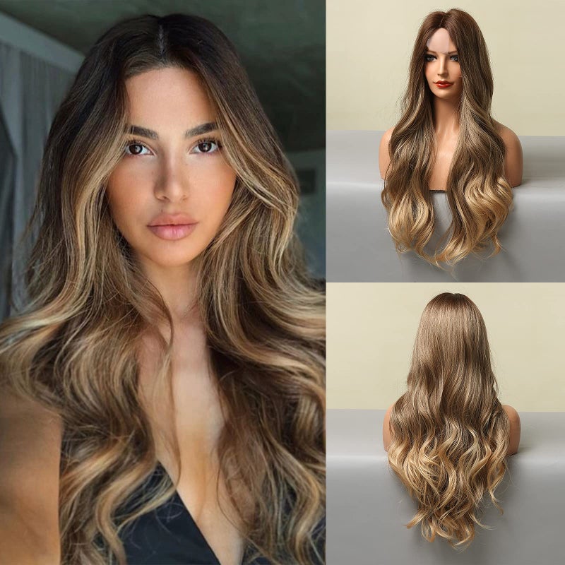 باروكة HAIRCUBE بألوان أومبري بلون أشقر مع تجاعيد طويلة للنساء، باروكة صناعية مجعدة طبيعية المظهر مقاومة للحرارة، بطول 24 إنش