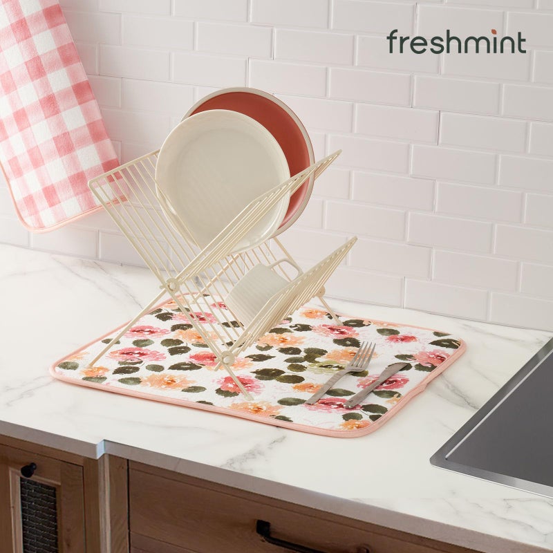 FRESHMINT Printed Dish Drying Mats for Kitchen Counter 2 Pack Absorbent Reversible Drying Mats Microfiber Kitchen Countertop Protector Dishes Drying Pad Extra Large 18"x16" Dish Mat (Floral) - Image 5