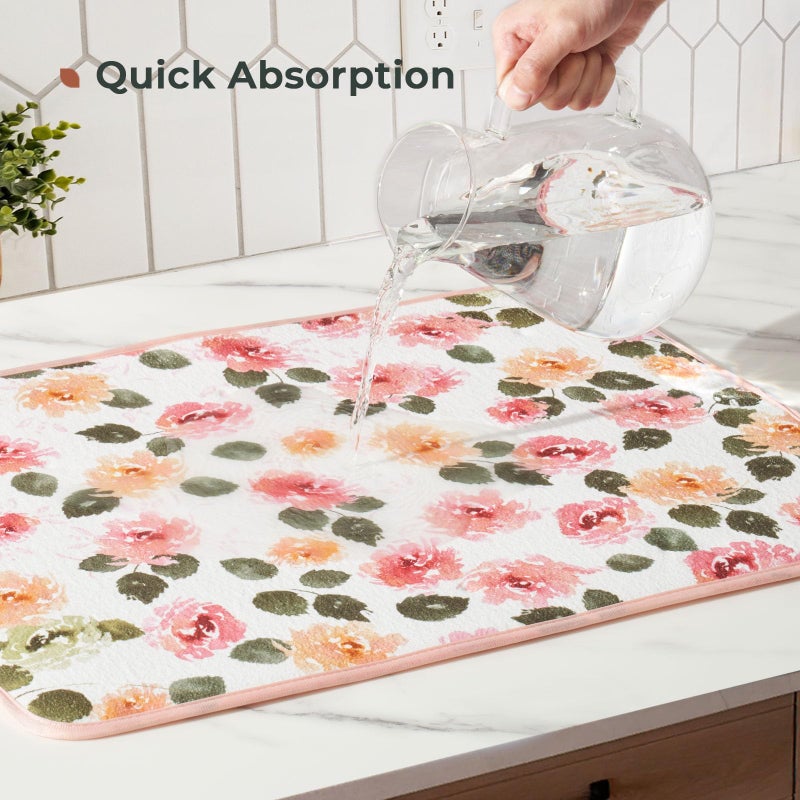 FRESHMINT Printed Dish Drying Mats for Kitchen Counter 2 Pack Absorbent Reversible Drying Mats Microfiber Kitchen Countertop Protector Dishes Drying Pad Extra Large 18"x16" Dish Mat (Floral) - Image 4