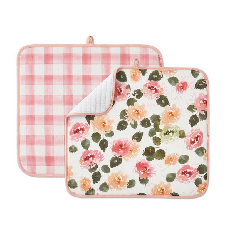 FRESHMINT Printed Dish Drying Mats for Kitchen Counter 2 Pack Absorbent Reversible Drying Mats Microfiber Kitchen Countertop Protector Dishes Drying Pad Extra Large 18"x16" Dish Mat (Floral) - Image 1
