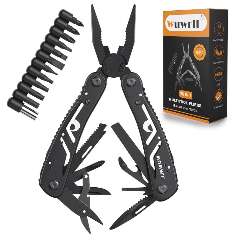 Wuwrll 26-In-1 Multitool Professional Stainless Steel Multi Tools  Multitool Pliers Pliers Pocket Knife With Heavy Duty Screwdriver Sleeve  Replaceable Bits Multitools For Outdoor  (Black) - Image 1