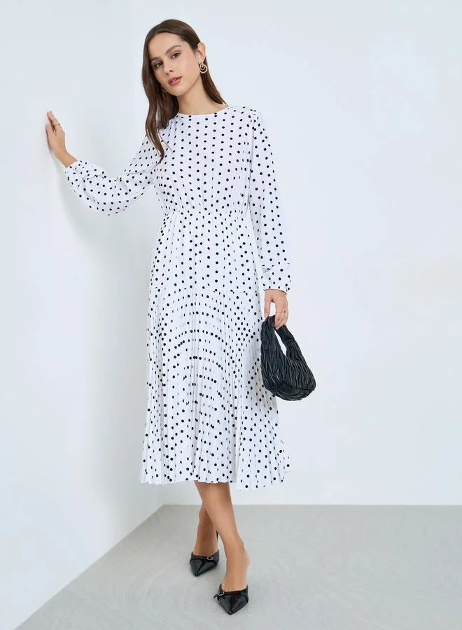 Take Two Polka Dot Round Neck Pleated Detail Midi Dress