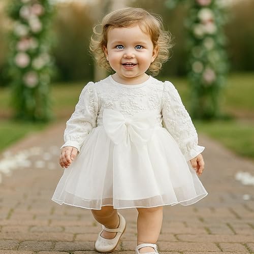 TENTIDE Newborn Baby Girl Christening Dress White Baptism Lace Long Sleeve Fall Wedding Dresses with Bonnet OutfitWhiteTulle 612 Months - Image 3