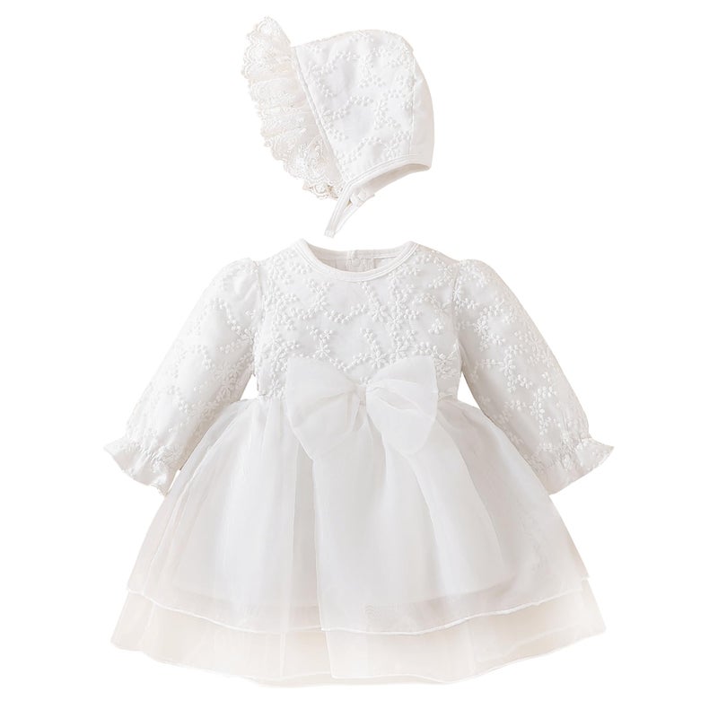 TENTIDE Newborn Baby Girl Christening Dress White Baptism Lace Long Sleeve Fall Wedding Dresses with Bonnet OutfitWhiteTulle 612 Months - Image 2