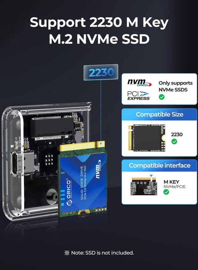 Orico حافظة ORICO M.2 2230 NVMe SSD، بدون أدوات، محول USB C 3.2 Gen2 بسرعة 10Gbps إلى NVMe لجهاز iPhone 15 Pro Max ProRes، قارئ M.2 يدعم UASP، Trim، M-Key(B+M Key) - TC20 - Image 2