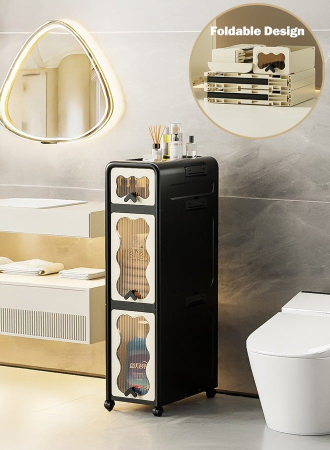 XiuWoo 3-Tier Narrow Storage Cabinet with Movable Wheels, Adjustable Shelves, Anti-Tip, Slim, for Small Space, Bathroom, Kitchen, Small Bathroom Storage Corner Floor Cabinet, Toilet Paper Storage Cabinet - Image 1