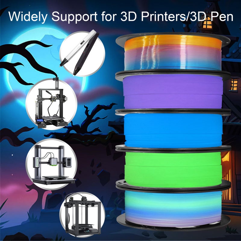 DO3D 1.75mm PLA 3D Printer Filament Bundle: Glow in Dark Green/Blue/Purple/Rainbow, One Spool Clear Multi Colored, Each Spool 250g, Total 1.25Kg 3D Printing Material, 250g x 5 Spools Glow in Dark PLA - Image 4