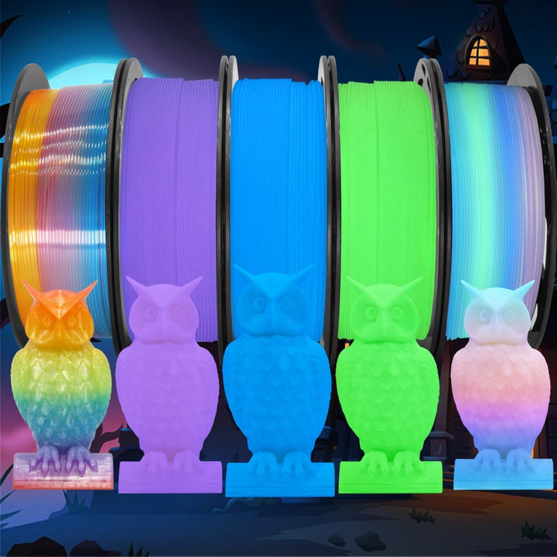 DO3D 1.75mm PLA 3D Printer Filament Bundle: Glow in Dark Green/Blue/Purple/Rainbow, One Spool Clear Multi Colored, Each Spool 250g, Total 1.25Kg 3D Printing Material, 250g x 5 Spools Glow in Dark PLA - Image 1