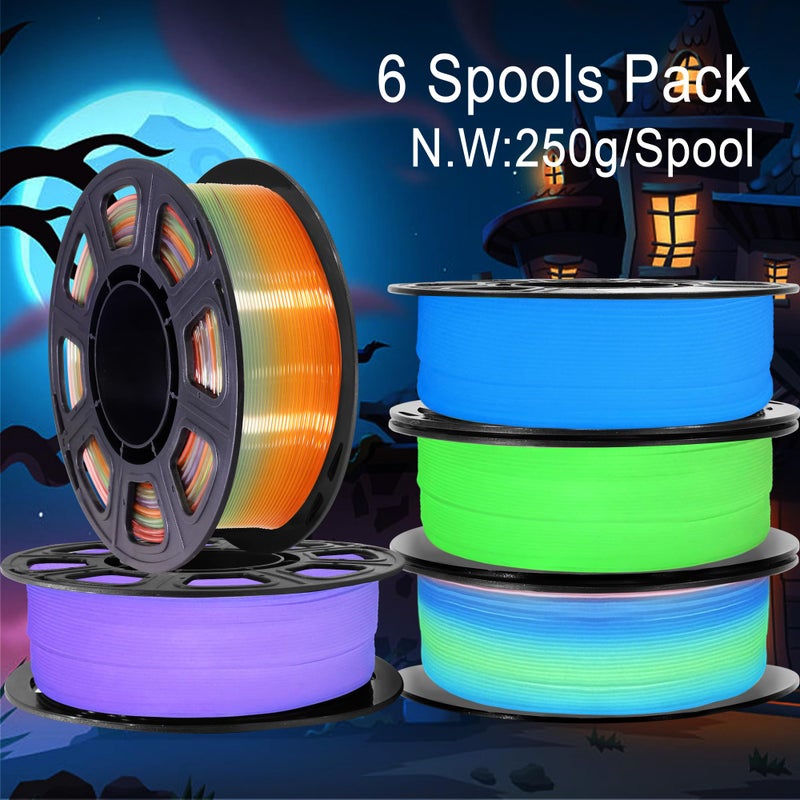 DO3D 1.75mm PLA 3D Printer Filament Bundle: Glow in Dark Green/Blue/Purple/Rainbow, One Spool Clear Multi Colored, Each Spool 250g, Total 1.25Kg 3D Printing Material, 250g x 5 Spools Glow in Dark PLA - Image 3