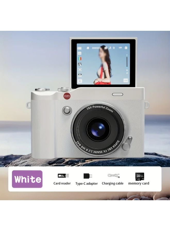 White Retro Flip Digital Camera 32GB Memory Card Lanyard Rechargeable Selfie Student Gift - Image 1