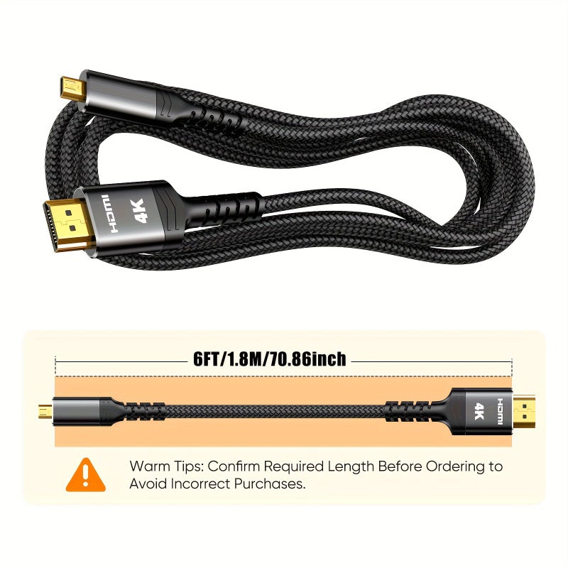 4K Micro HDMI To HDMI Cable 6FT 18Gbps HDR HDMI 2.0 Nylon Braided Male To Male Adapter 4K 60Hz 2K 165Hz For DSLR Camera Raspberry Pi GoPro Hero To TV Laptop Monitor Video Audio Image Streaming - Image 1
