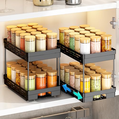 DABIGE Pull Out Spice Rack Organizer for Cabinet, 2 Pack Widen Slide Out Spice Racks Organizer, Spice Cabinet Organizers, Cabinet Size Need:12'' Highx11'' Deepx6.75'' Wide,Hold 15 Spice Jar Each Tier-2Tier - Image 1