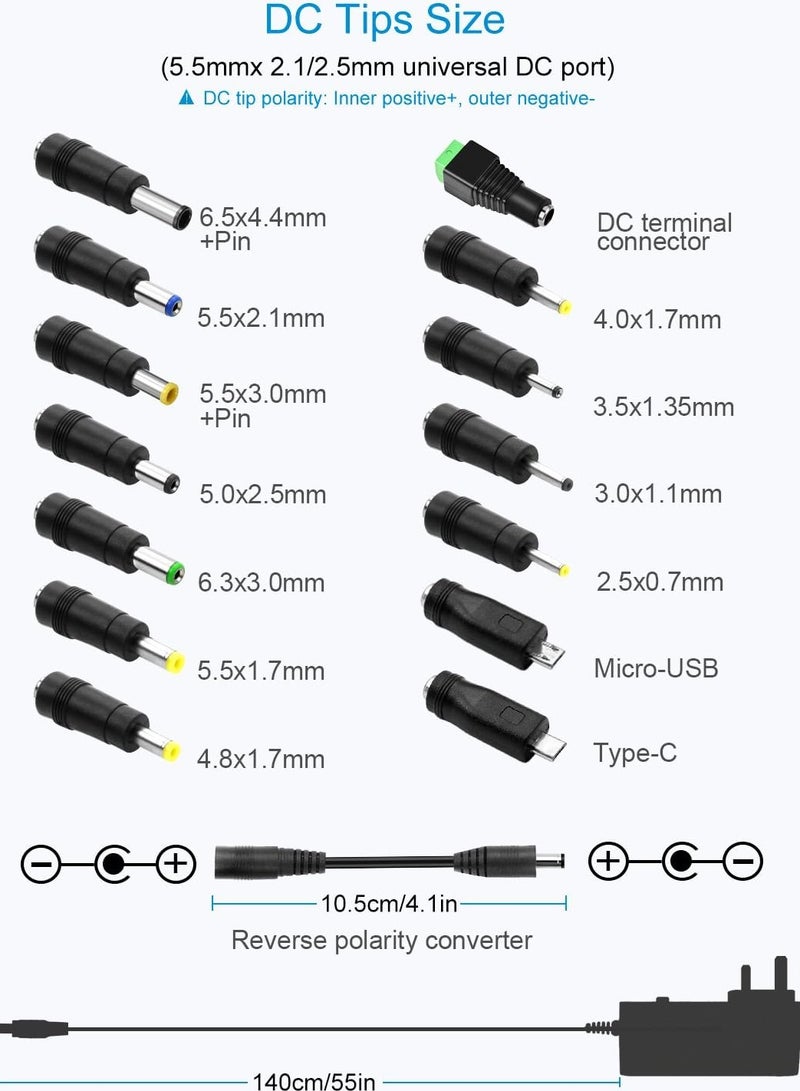 ARNOTEC 30W Universal AC to DC Power Supply Adapter 3V to 12V Adjustable with 14Adapter Tips & USB Port for Household Electronics Routers 2.5A Max - Image 2