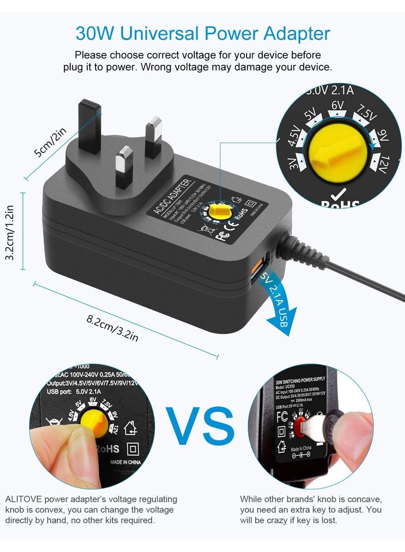ARNOTEC 30W Universal AC to DC Power Supply Adapter 3V to 12V Adjustable with 14Adapter Tips & USB Port for Household Electronics Routers 2.5A Max - Image 4