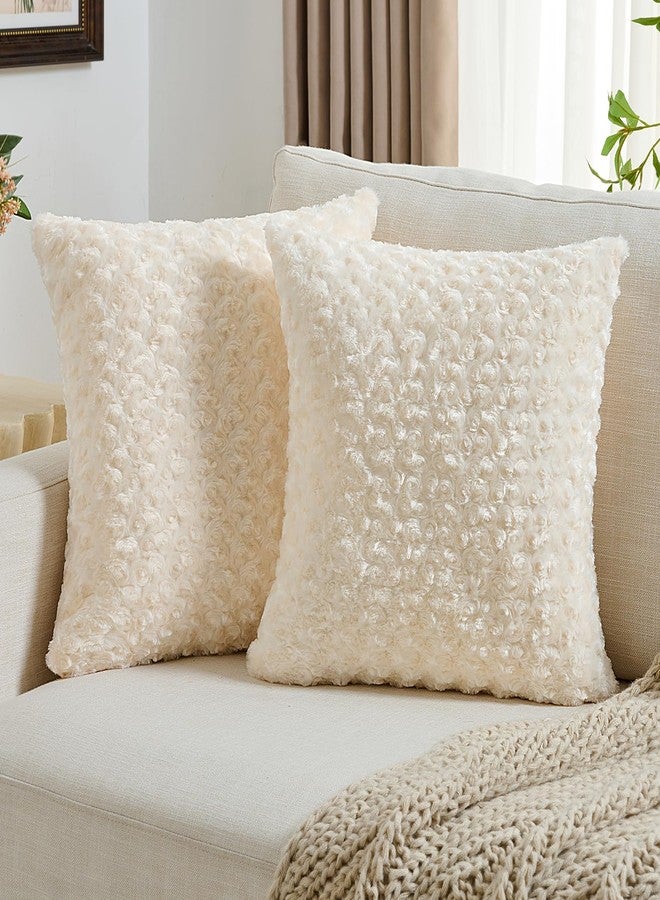 FUTEI Cream White Rose Decorative Throw Pillow Covers 18x18 Inch Set of 2, Square Soft Cozy Faux Fur Textured Couch Pillow Case, Modern Home Decor for Sofa Bed Living Room - Image 1