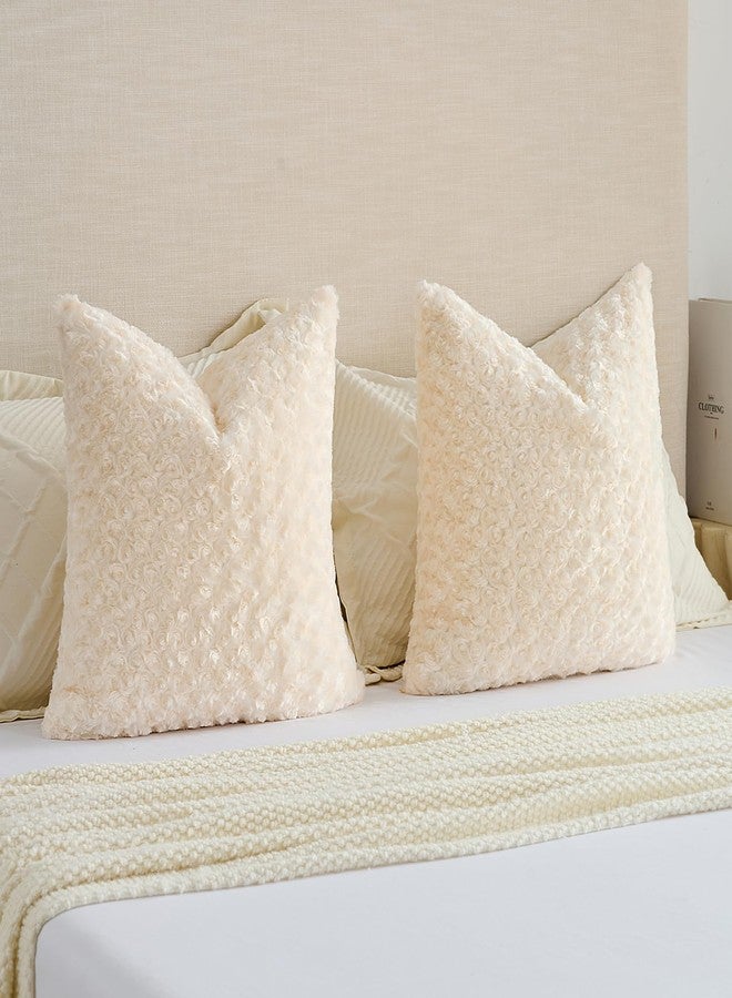 FUTEI Cream White Rose Decorative Throw Pillow Covers 18x18 Inch Set of 2, Square Soft Cozy Faux Fur Textured Couch Pillow Case, Modern Home Decor for Sofa Bed Living Room - Image 5