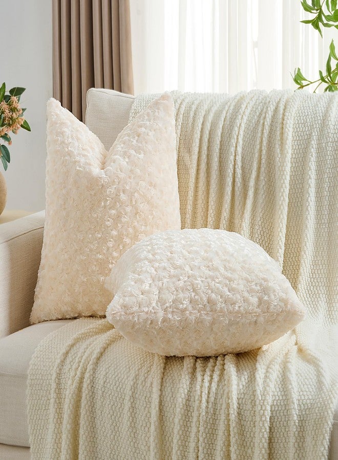 FUTEI Cream White Rose Decorative Throw Pillow Covers 18x18 Inch Set of 2, Square Soft Cozy Faux Fur Textured Couch Pillow Case, Modern Home Decor for Sofa Bed Living Room - Image 4