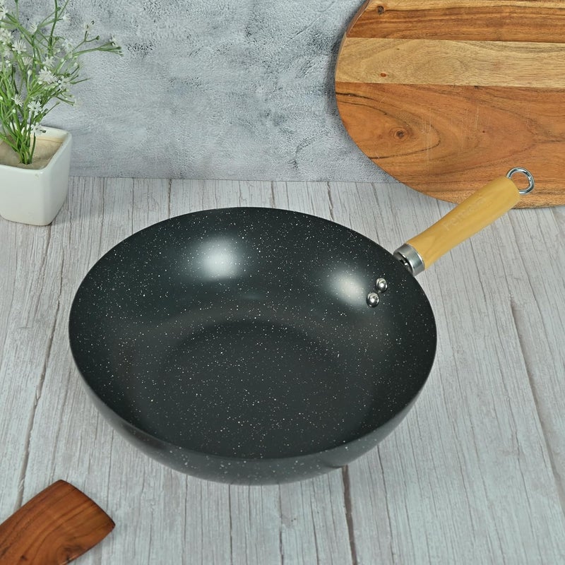 Femora Carbon Steel Wok 30 CM with Wooden Handle, 3 Layer Non-Stick Coating Kadhai, Heat Resistant Coating, Black, Pack of 1 - Image 2