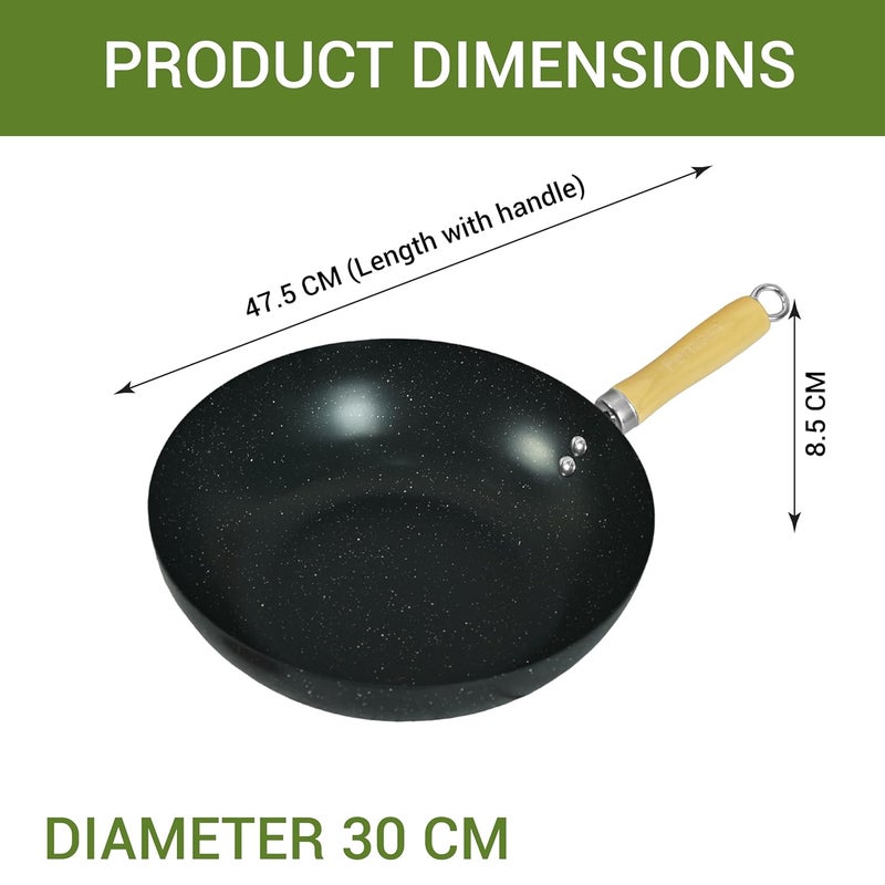 Femora Carbon Steel Wok 30 CM with Wooden Handle, 3 Layer Non-Stick Coating Kadhai, Heat Resistant Coating, Black, Pack of 1 - Image 3