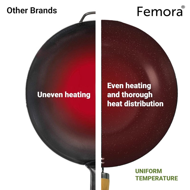 Femora Carbon Steel Wok 30 CM with Wooden Handle, 3 Layer Non-Stick Coating Kadhai, Heat Resistant Coating, Black, Pack of 1 - Image 5