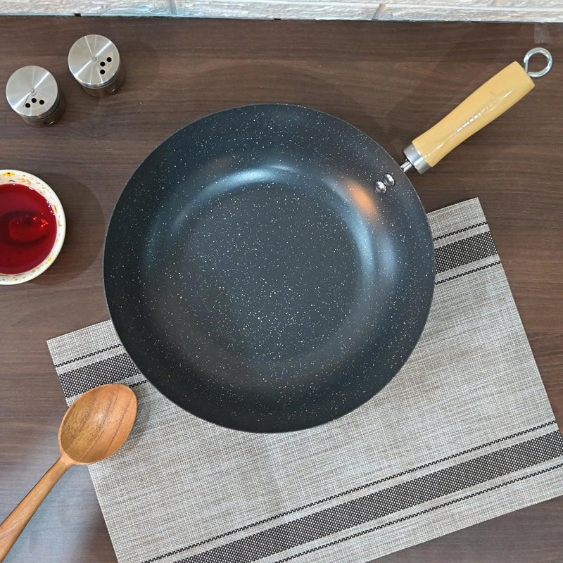 Femora Carbon Steel Wok 30 CM with Wooden Handle, 3 Layer Non-Stick Coating Kadhai, Heat Resistant Coating, Black, Pack of 1 - Image 1