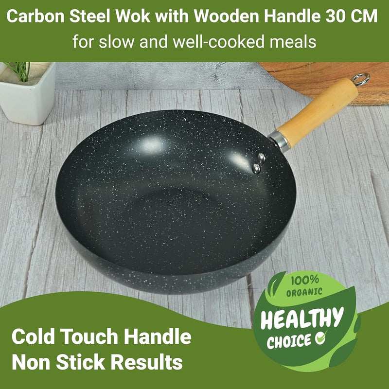 Femora Carbon Steel Wok 30 CM with Wooden Handle, 3 Layer Non-Stick Coating Kadhai, Heat Resistant Coating, Black, Pack of 1 - Image 4
