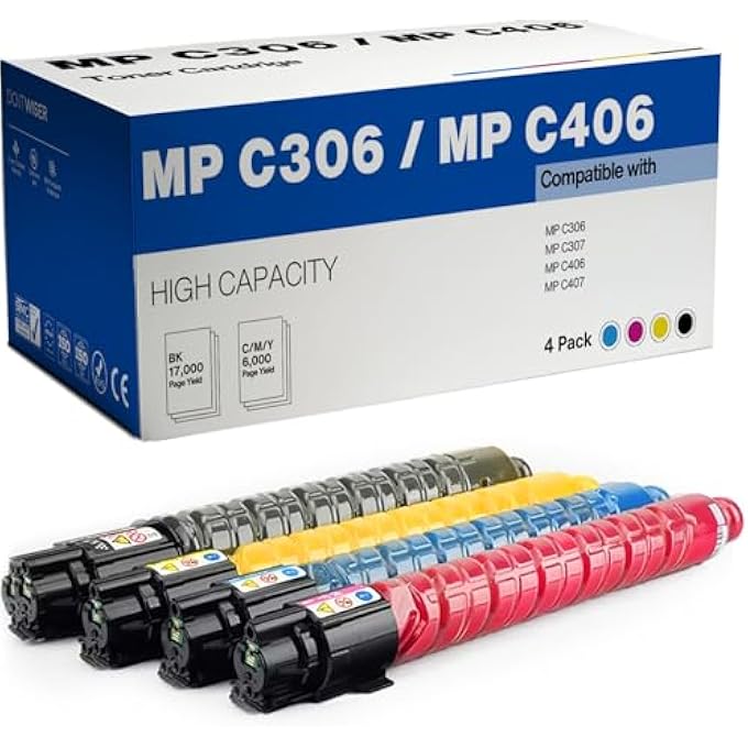 خراطيش حبر متوافقة للطابعة بديل لـ ريكو MP C307 MP C306 MP C406 MP C407 - 842091 842092 842093 842094 (أسود، أزرق، أرجواني، أصفر، 4 عبوات) عالية الإنتاجية - Image 1