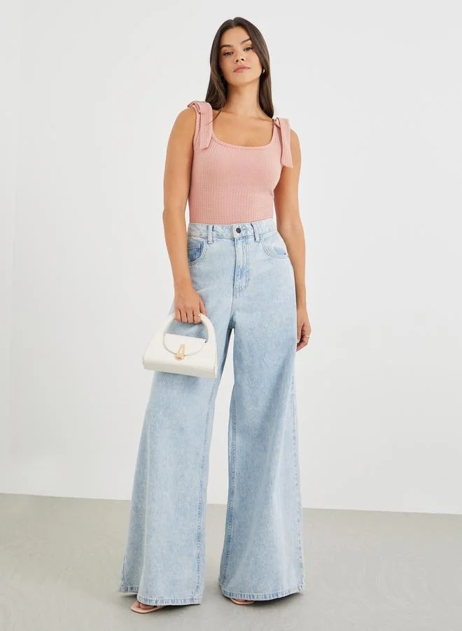 ستايلي Styli Texture Knitted Bodysuit with Bow Straps