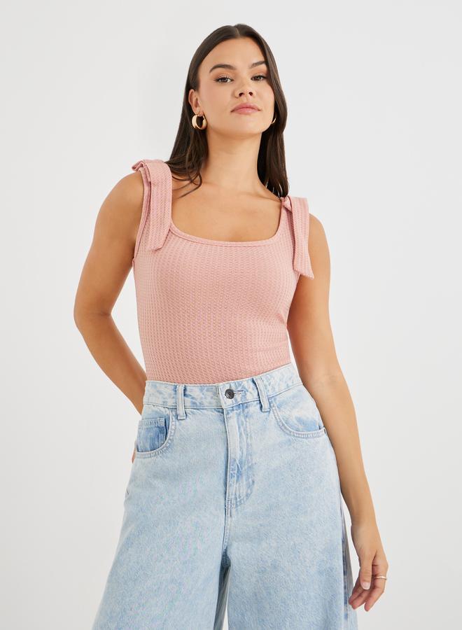 Styli Styli Texture Knitted Bodysuit with Bow Straps  - Image 3