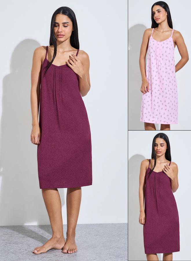 Styli PACK OF 2 - CHERRY AOP & SOLID PINTUCK DETAIL SLIPDRESS - KNEE - Image 1