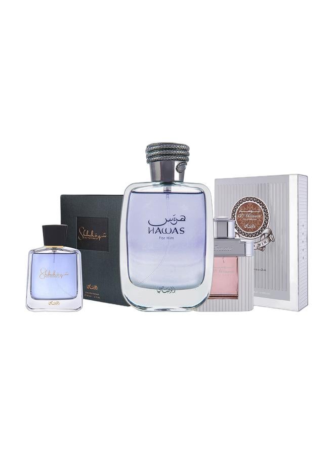 Rasasi Shuhrah Perfume for Men EDP 90ml, Hawas Perfume for Men EDP 100ml, and Al Wisam Day Perfume for Men EDP 100ml  - Image 1