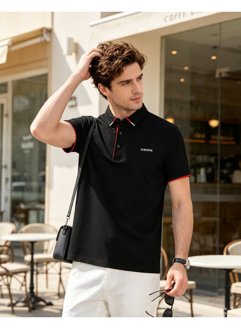 GEOX Men Short Sleeve Collared Polo Shirt All Occasion Smart Casual Top Solid Black - Image 4