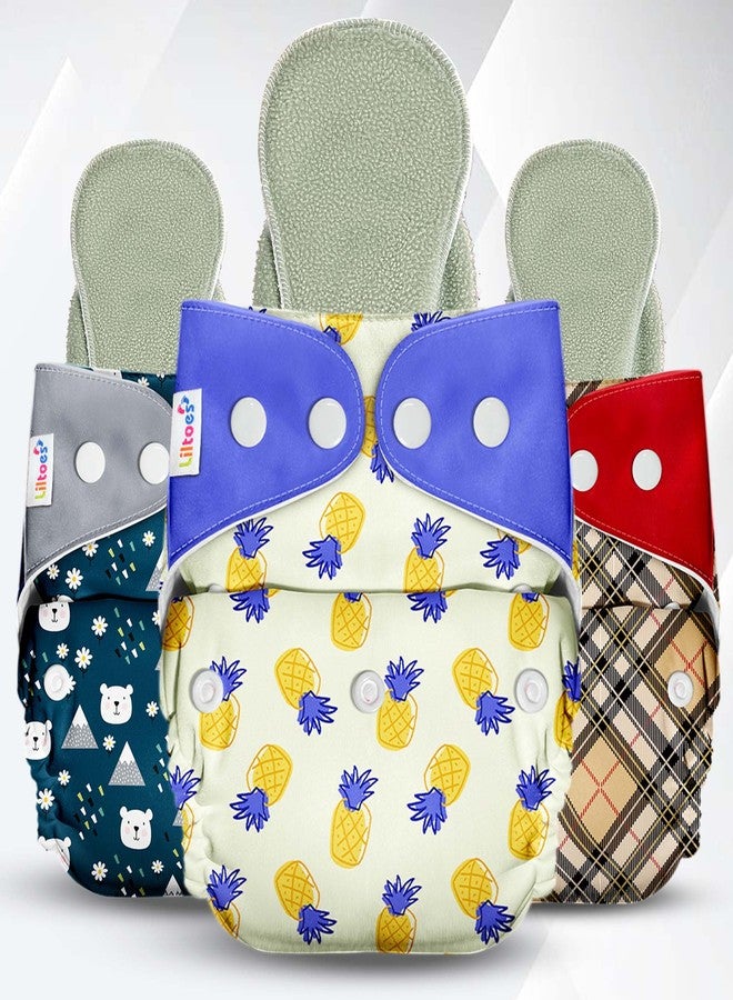 LILTOES Cloth Diapers For New Born Babies 0 to 3 Years | Reusable Premium Cloth Nappies Pack of 3 (3 Cloth Diapers + 3 Inserts) | Ice Polar + Hawaiian Pineapple + Checkered - Image 1