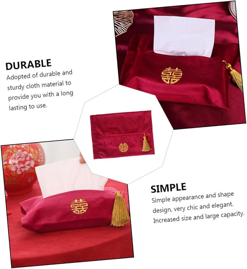 Velvet Embroidered Red Napkin Holder With Gold Lettering Wedding Tissue Storage Bag - Image 5