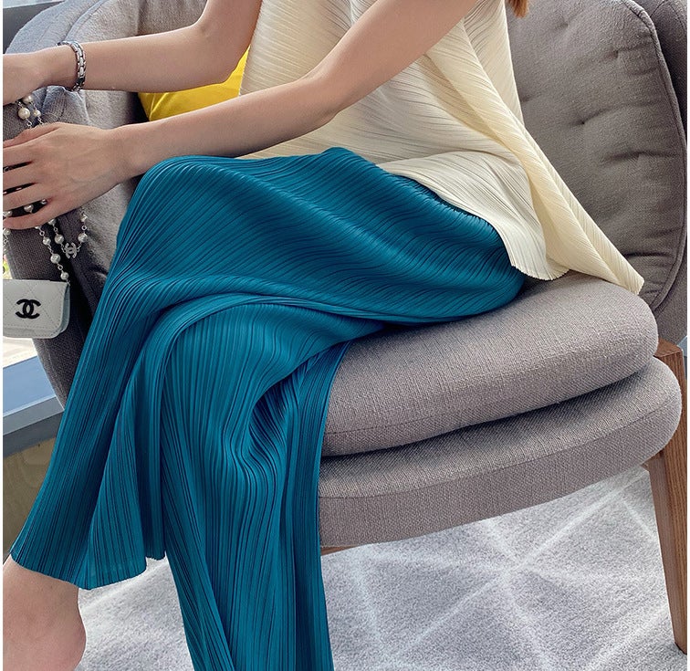 Miyake Pleated Top Irregular Short-sleeved Summer Pleated Loose Vest Cyber Popular Niche Crewneck Slim T-shirt Women Lake Blue Pants