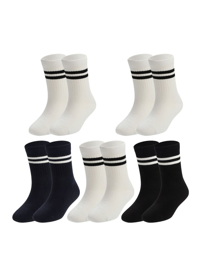 RARELY - Pack of 5 Pattern White Black Striped Kids Toddler Crew Socks - Image 1