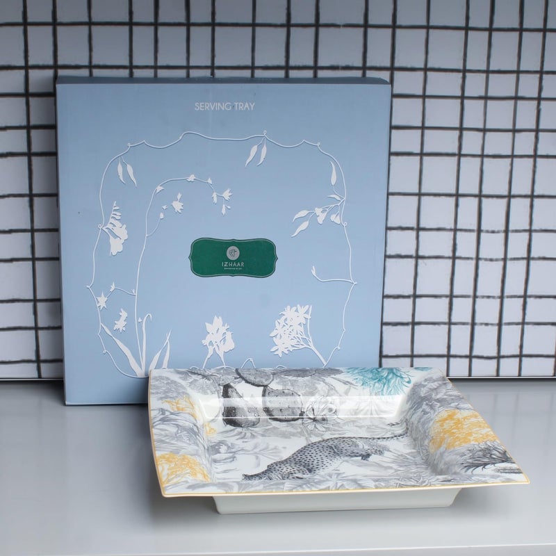 IZZHAAR Snow Leopard Premium Serving Platter, Versatile 12.5 Inch Durable Fine Bone China Square Tray Plates for Serving Snacks or Fancy Buffet at Home, and Birthday Parties (Multicolor, 1320g) - Image 1