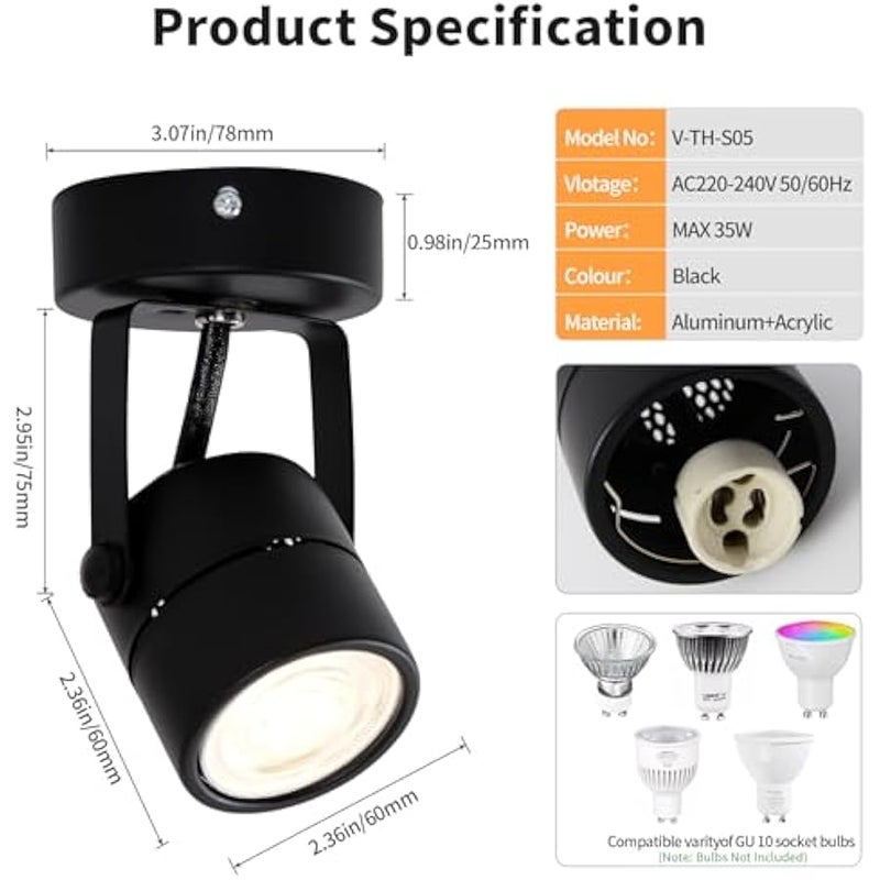 V.Nice 2pcs Surface Mounted GU10 LED Spotlight – 270° Rotatable Ceiling Spot Light Fixture, Black Aluminium Housing for Indoor Wall or Ceiling Lighting, Adjustable Beam Direction (Bulb Not Included) - Image 2