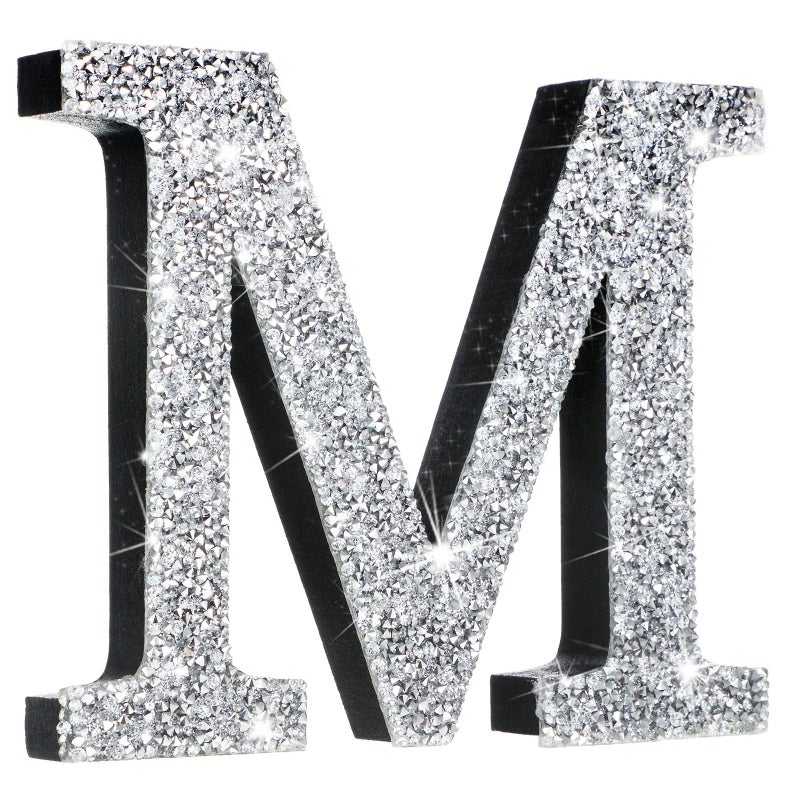 Qunclay Silver Crystal Diamond Bling Letters Crushed Diamond Decorations Glitter Letters with Screws and Hooks Rhinestone Gifts for Wedding Birthday Wall Bedroom Bathroom DecorLetter M57l X 57w