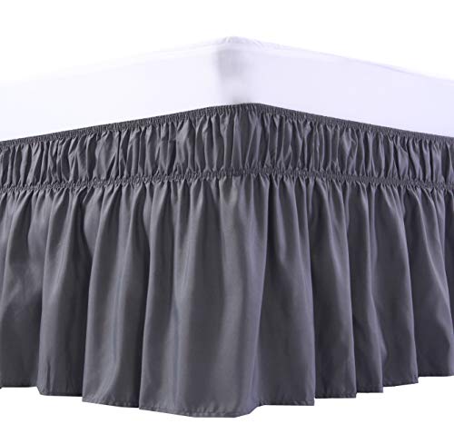 MEILA Wrap Around Bed Skirt Three Fabric Sides Elastic Dust Ruffled 14 Inch Tailored DropEasy to Install Fade ResistantDark Grey QueenKing